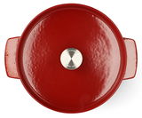 Roter runder Gusseisen-Bräter von oben mit silbernem Knauf, 26 cm, KitchenAid.