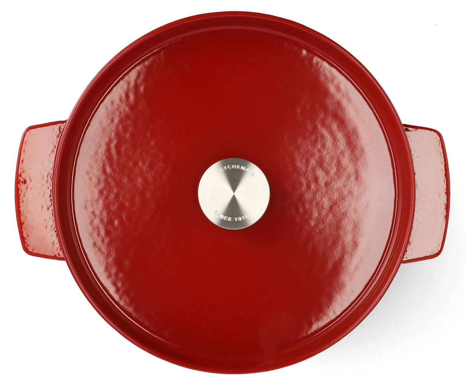 Roter runder Gusseisen-Bräter von oben mit silbernem Knauf, 26 cm, KitchenAid.