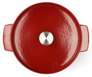 Roter runder Gusseisen-Bräter von oben mit silbernem Knauf, 26 cm, KitchenAid.