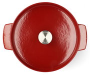Roter runder Gusseisen-Bräter von oben mit silbernem Knauf, 26 cm, KitchenAid.