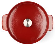 Roter runder Gusseisen-Bräter von oben mit silbernem Knauf, 26 cm, KitchenAid.