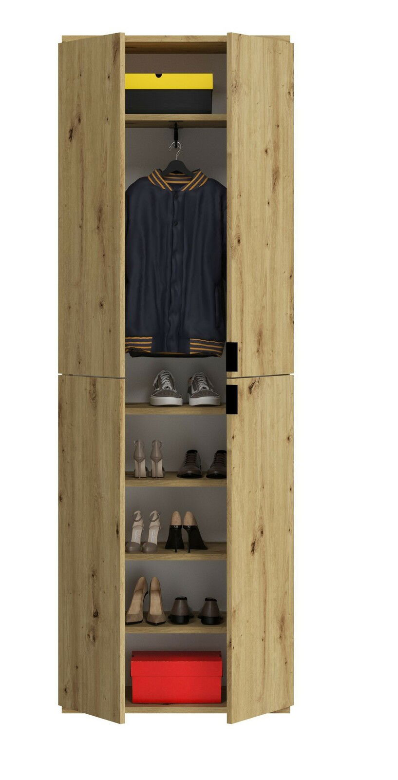 Frontale Ansicht eines Garderobenschranks aus Holz mit offenen Türen, der eine Jacke, Schuhe und Aufbewahrungsboxen zeigt.