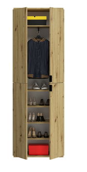 Frontale Ansicht eines Garderobenschranks aus Holz mit offenen Türen, der eine Jacke, Schuhe und Aufbewahrungsboxen zeigt.