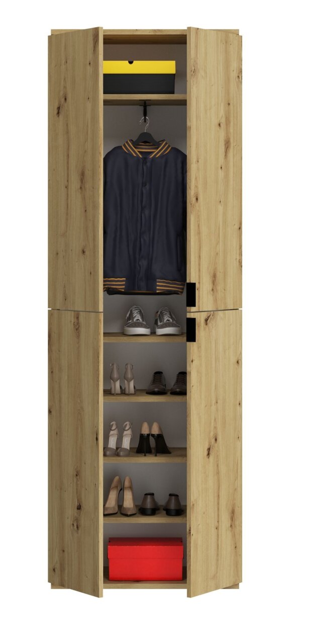 Frontale Ansicht eines Garderobenschranks aus Holz mit offenen Türen, der eine Jacke, Schuhe und Aufbewahrungsboxen zeigt.