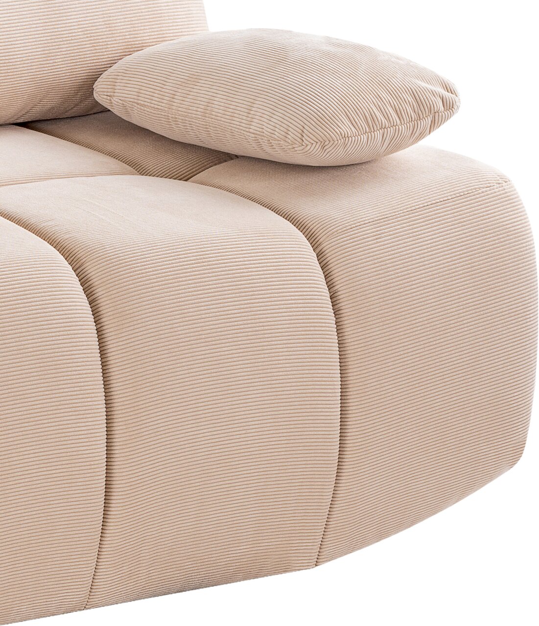 Nahaufnahme eines beigen Schlafsofas mit geripptem Stoff und einem Kissen, seitliche Perspektive