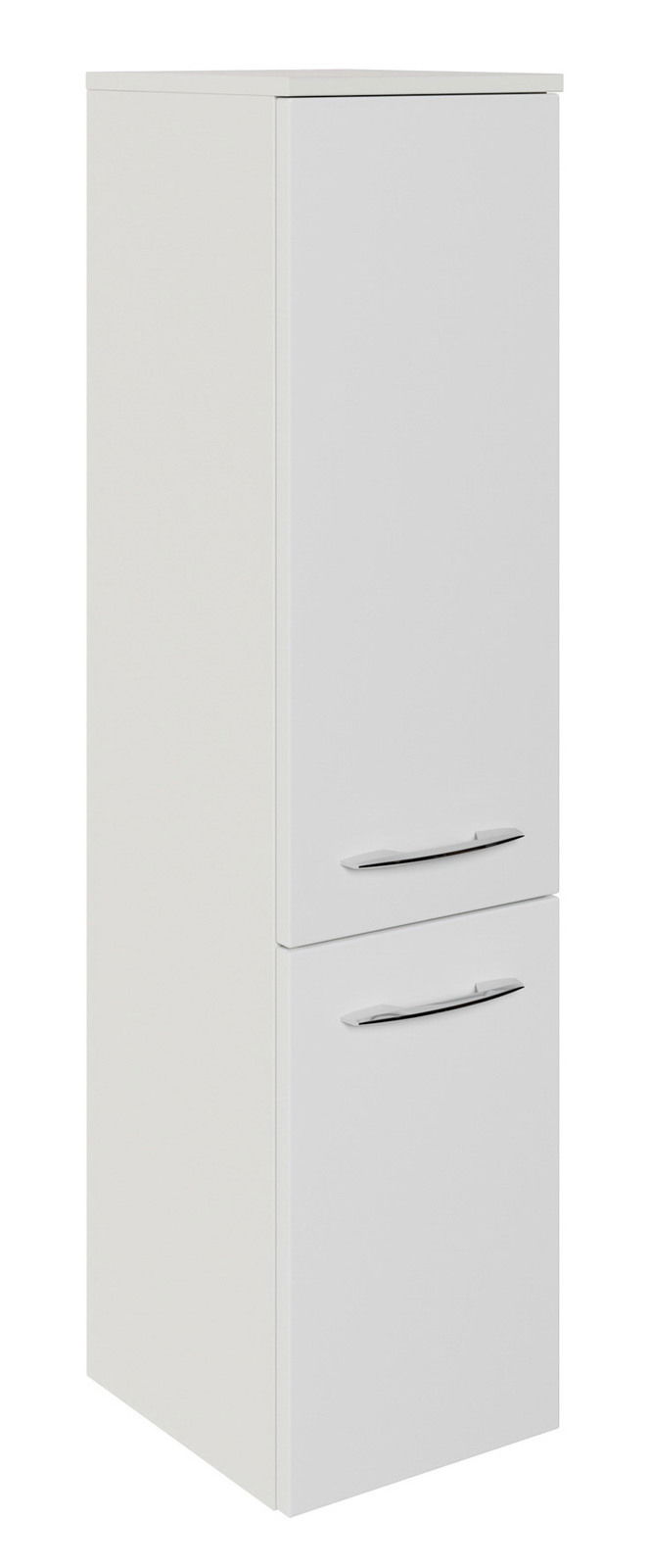 Sadena Midischrank PLAKA Weißer Midischrank mit zwei Türen und silbernen Griffen, seitliche Perspektive