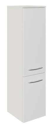 Weißer Midischrank mit zwei Türen und silbernen Griffen, seitliche Perspektive