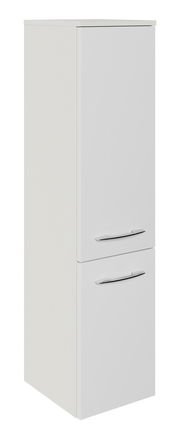 Weißer Midischrank mit zwei Türen und silbernen Griffen, seitliche Perspektive