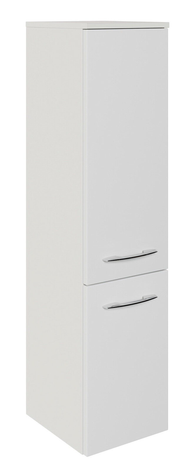 Weißer Midischrank mit zwei Türen und silbernen Griffen, seitliche Perspektive