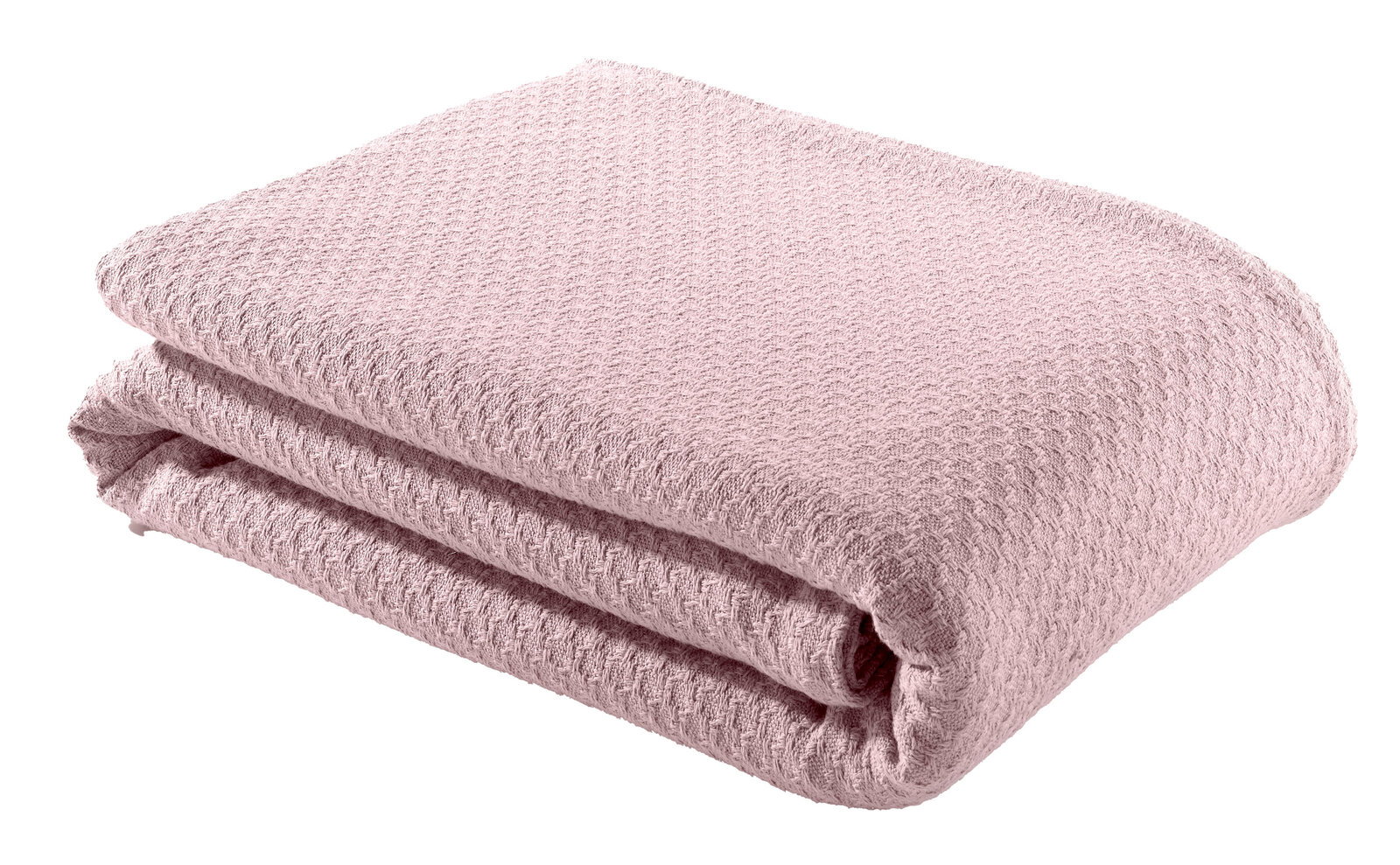 Gefaltete rosa Tagesdecke mit Waffelstruktur, seitliche Perspektive