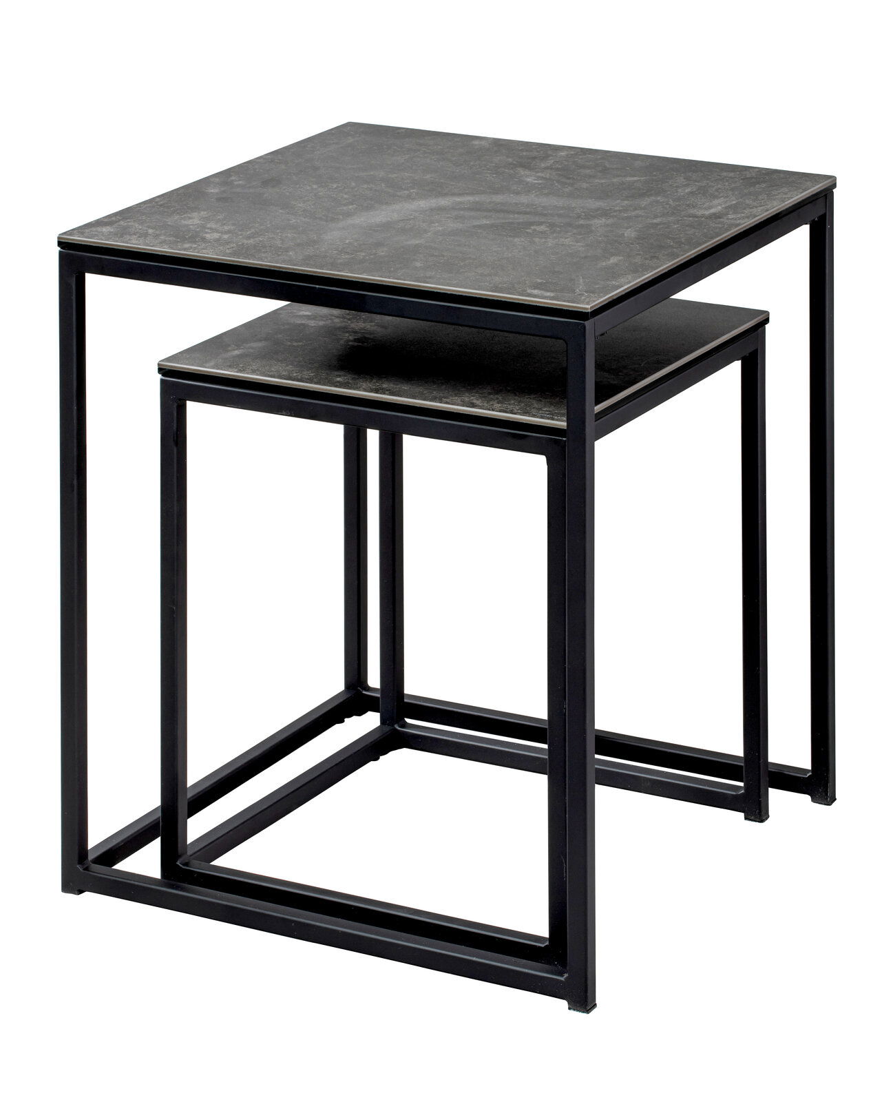 Z2 Beistelltisch-Set MARTIN Zweier-Set von Beistelltischen mit schwarzem Metallrahmen und dunkler Tischplatte, seitliche Perspektive