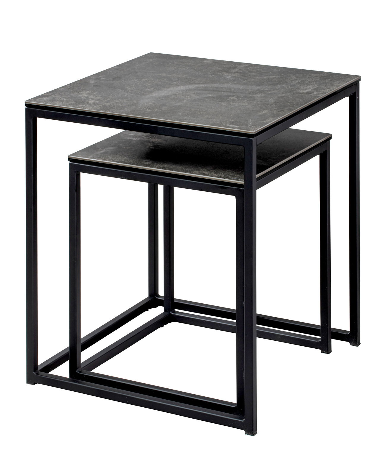 Zweier-Set von Beistelltischen mit schwarzem Metallrahmen und dunkler Tischplatte, seitliche Perspektive