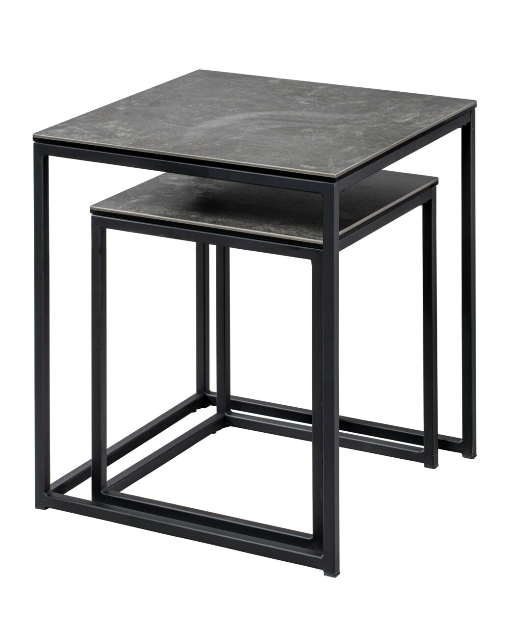 Z2 Beistelltisch-Set MARTIN Zweier-Set von Beistelltischen mit schwarzem Metallrahmen und dunkler Tischplatte, seitliche Perspektive