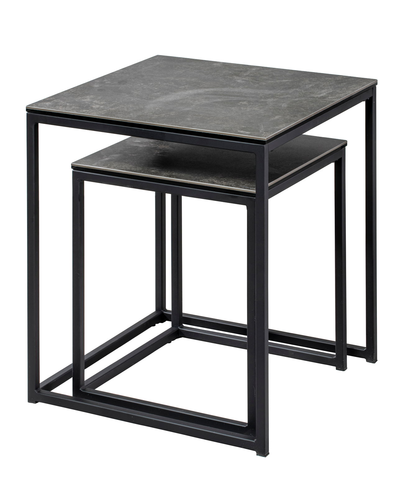 Zweier-Set von Beistelltischen mit schwarzem Metallrahmen und dunkler Tischplatte, seitliche Perspektive