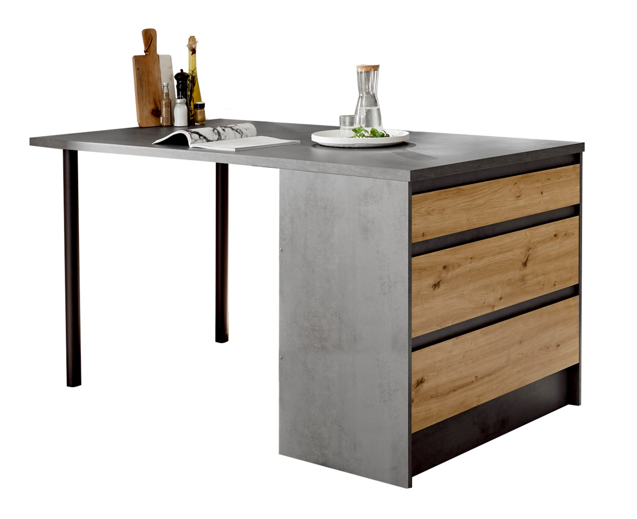 Smartkitchen Kücheninsel TROJA Moderne Kücheninsel mit Betonoptik und Holzschubladen, seitliche Perspektive