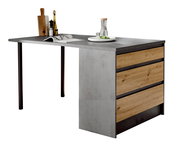 Moderne Kücheninsel mit Betonoptik und Holzschubladen, seitliche Perspektive