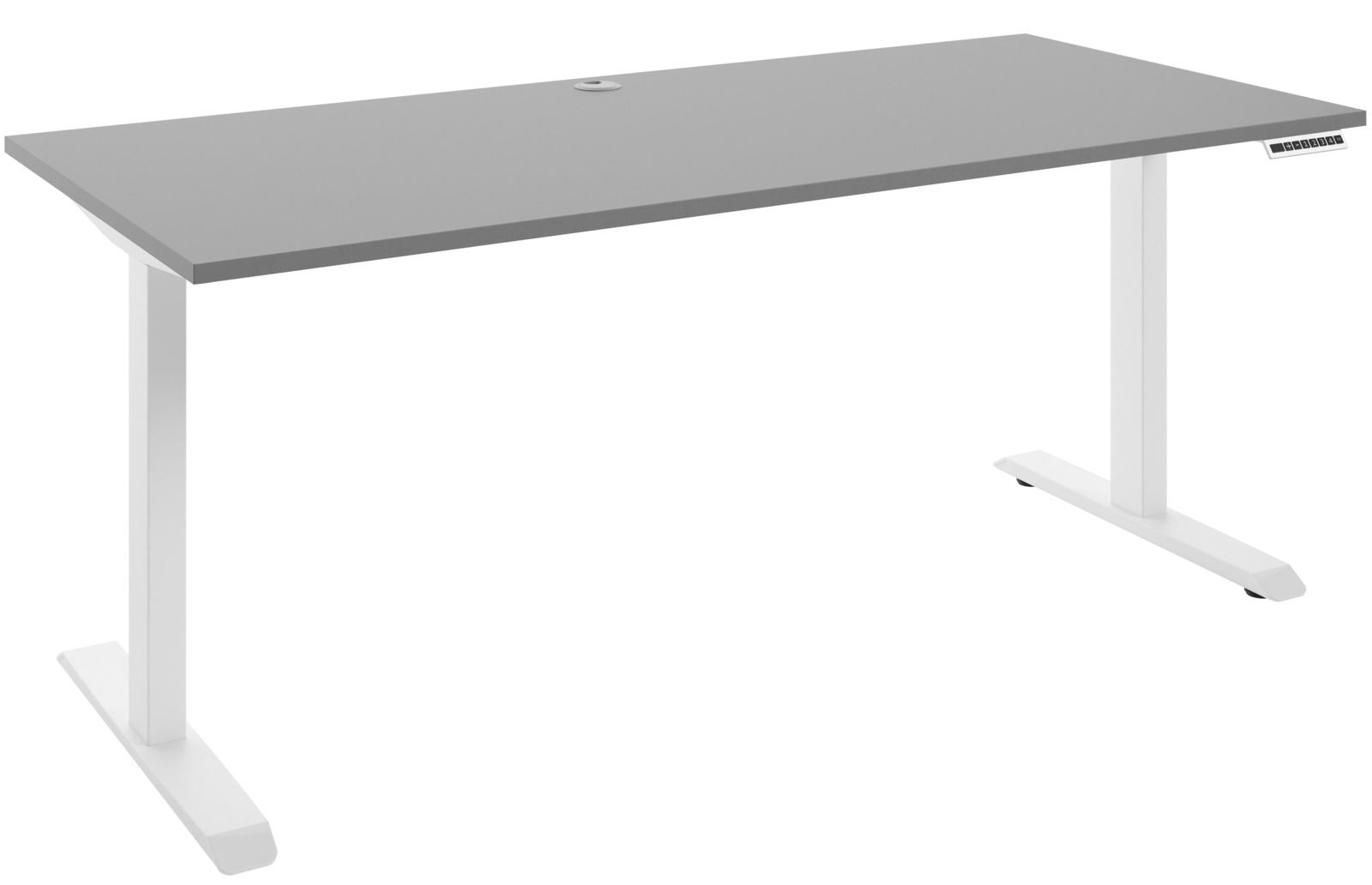 Moderner E-Schreibtisch mit grauer Tischplatte und weißem Gestell, seitliche Perspektive