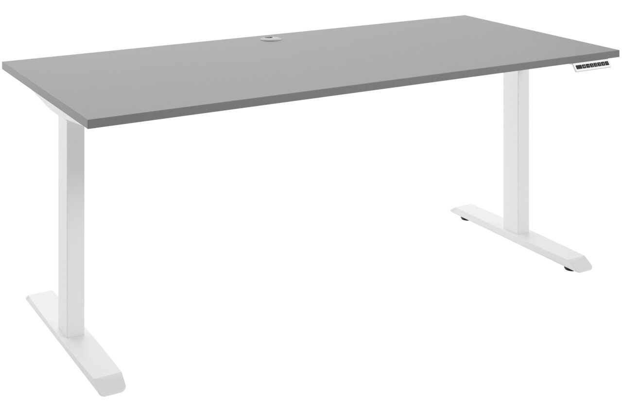 Moderner E-Schreibtisch mit grauer Tischplatte und weißem Gestell, seitliche Perspektive