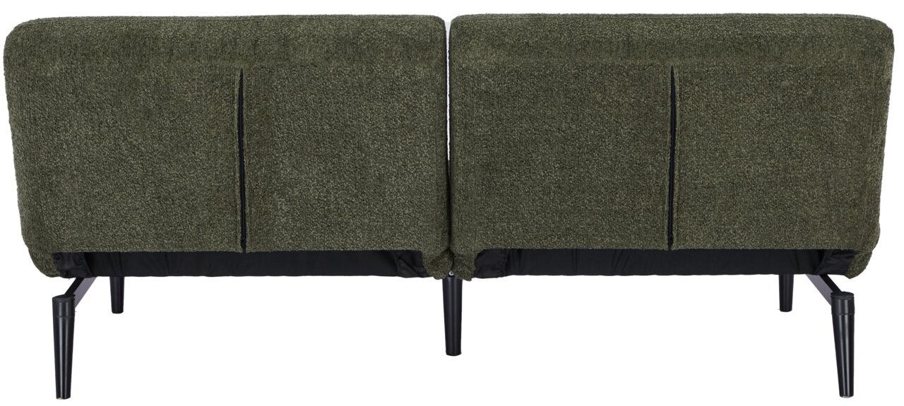 Rückansicht eines grünen Funktionssofas mit schwarzen Metallbeinen.