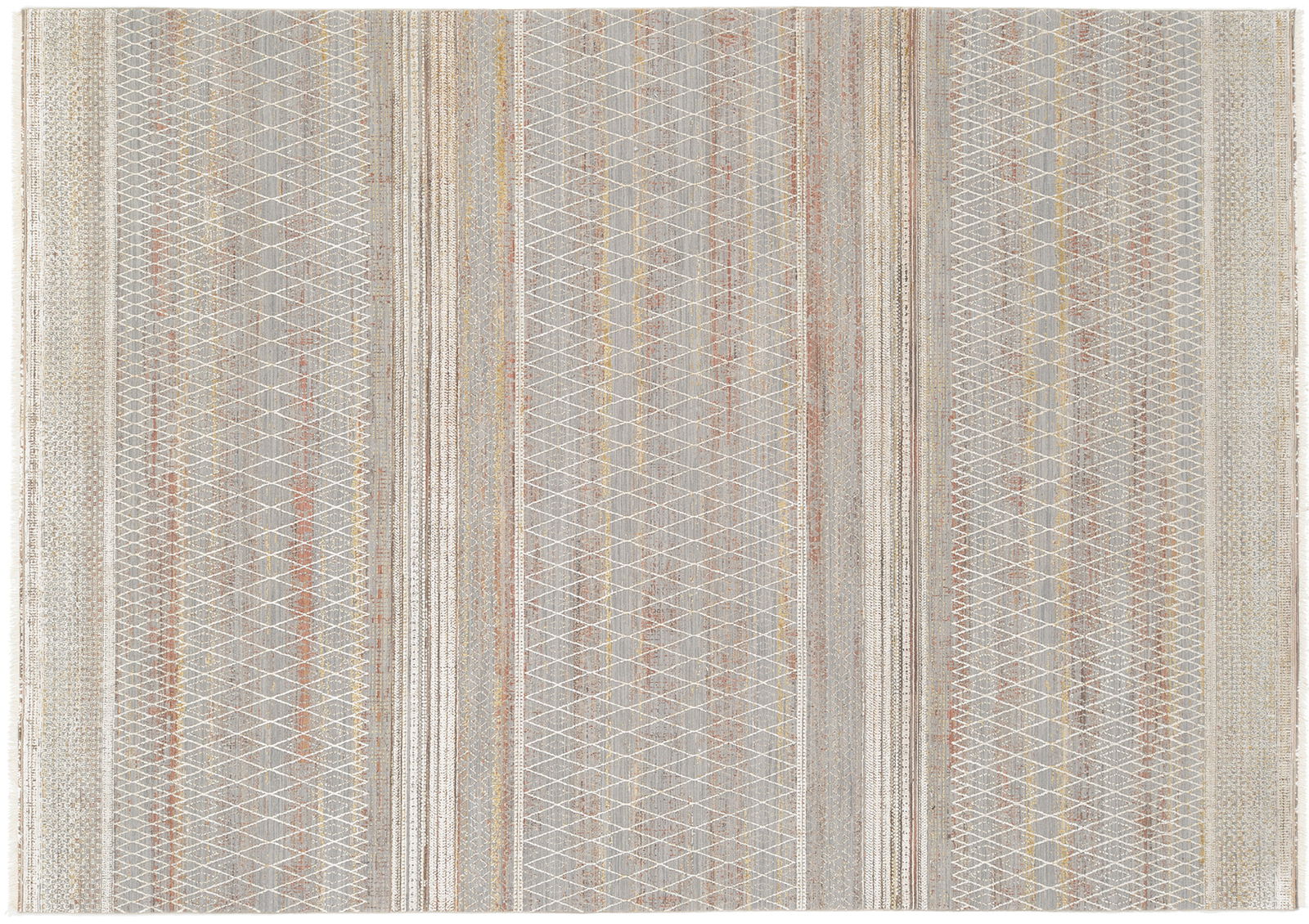 Designer Teppich mit geometrischem Muster in Grau- und Beigetönen, Draufsicht