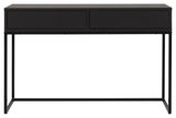 Schwarze Konsole mit zwei Schubladen, frontal betrachtet, auf einem schlanken Metallrahmen.