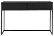 Schwarze Konsole mit zwei Schubladen, frontal betrachtet, auf einem schlanken Metallrahmen.