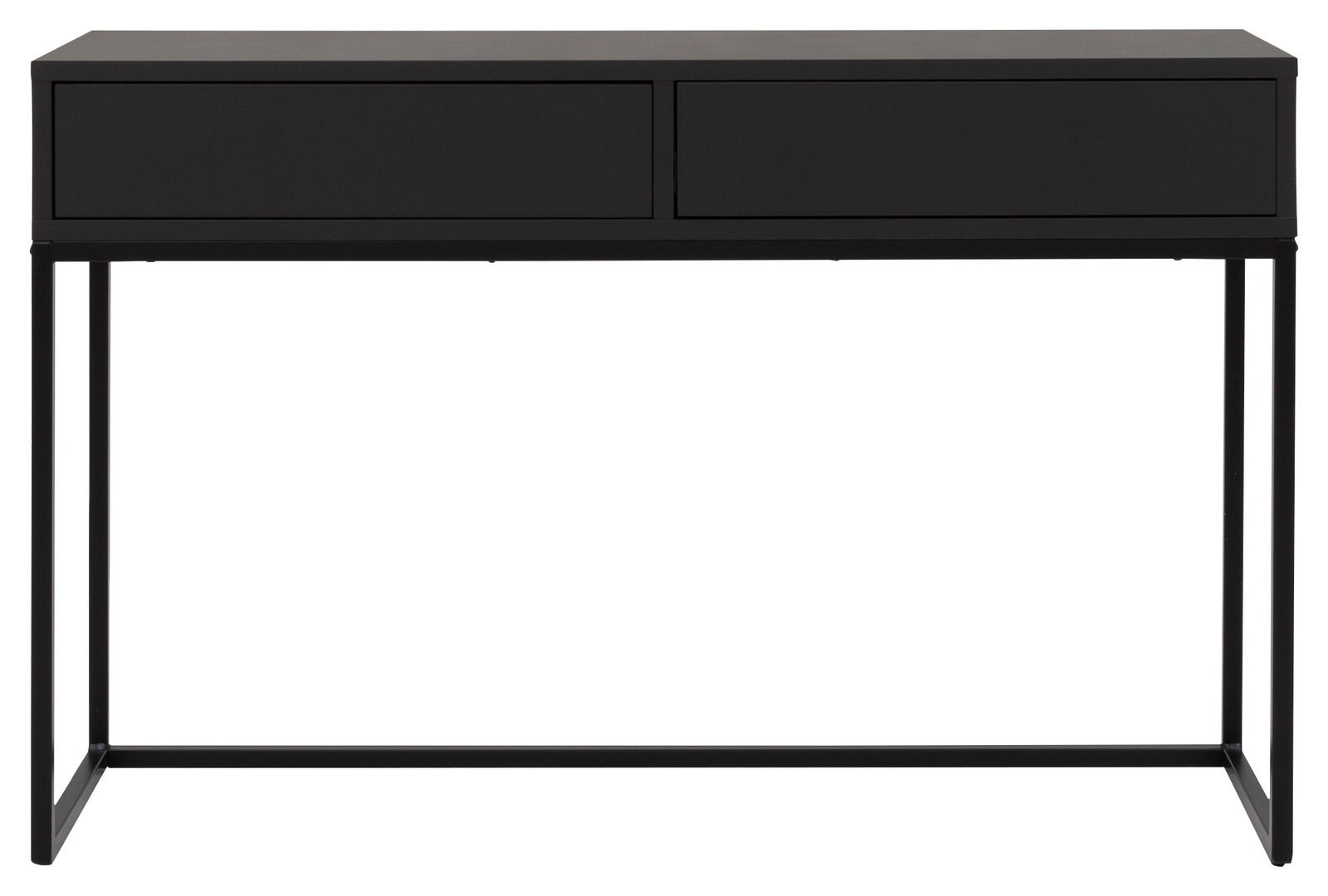 Schwarze Konsole mit zwei Schubladen, frontal betrachtet, auf einem schlanken Metallrahmen.