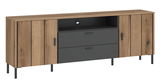 TV-Lowboard aus Holz mit zwei Schubladen und offenen Fächern, seitliche Türen, Frontansicht