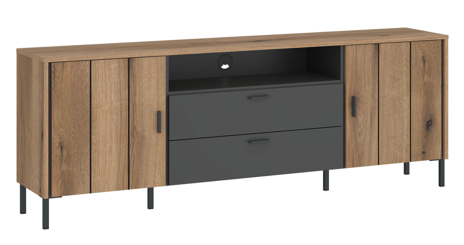 TV-Lowboard aus Holz mit zwei Schubladen und offenen Fächern, seitliche Türen, Frontansicht