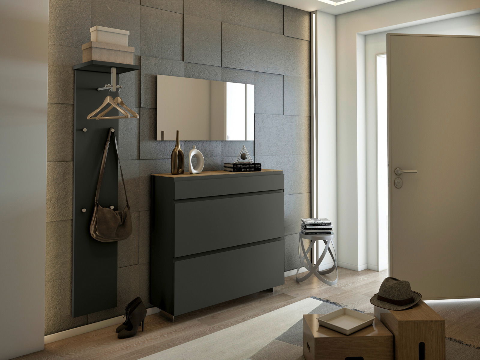 Moderner Eingangsbereich mit einem Hängeschuhschrank in dunklem Design, seitliche Perspektive.