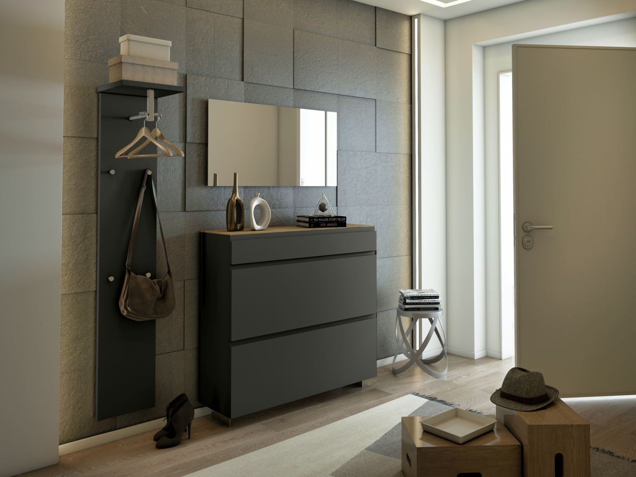 Moderner Eingangsbereich mit einem Hängeschuhschrank in dunklem Design, seitliche Perspektive.