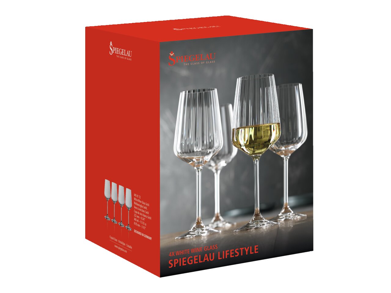 Vier Weissweingläser der Serie Spiegelau Lifestyle, elegant auf einem Tisch arrangiert, mit einem Glas teilweise gefüllt mit Weißwein. Perspektive: leicht von oben.