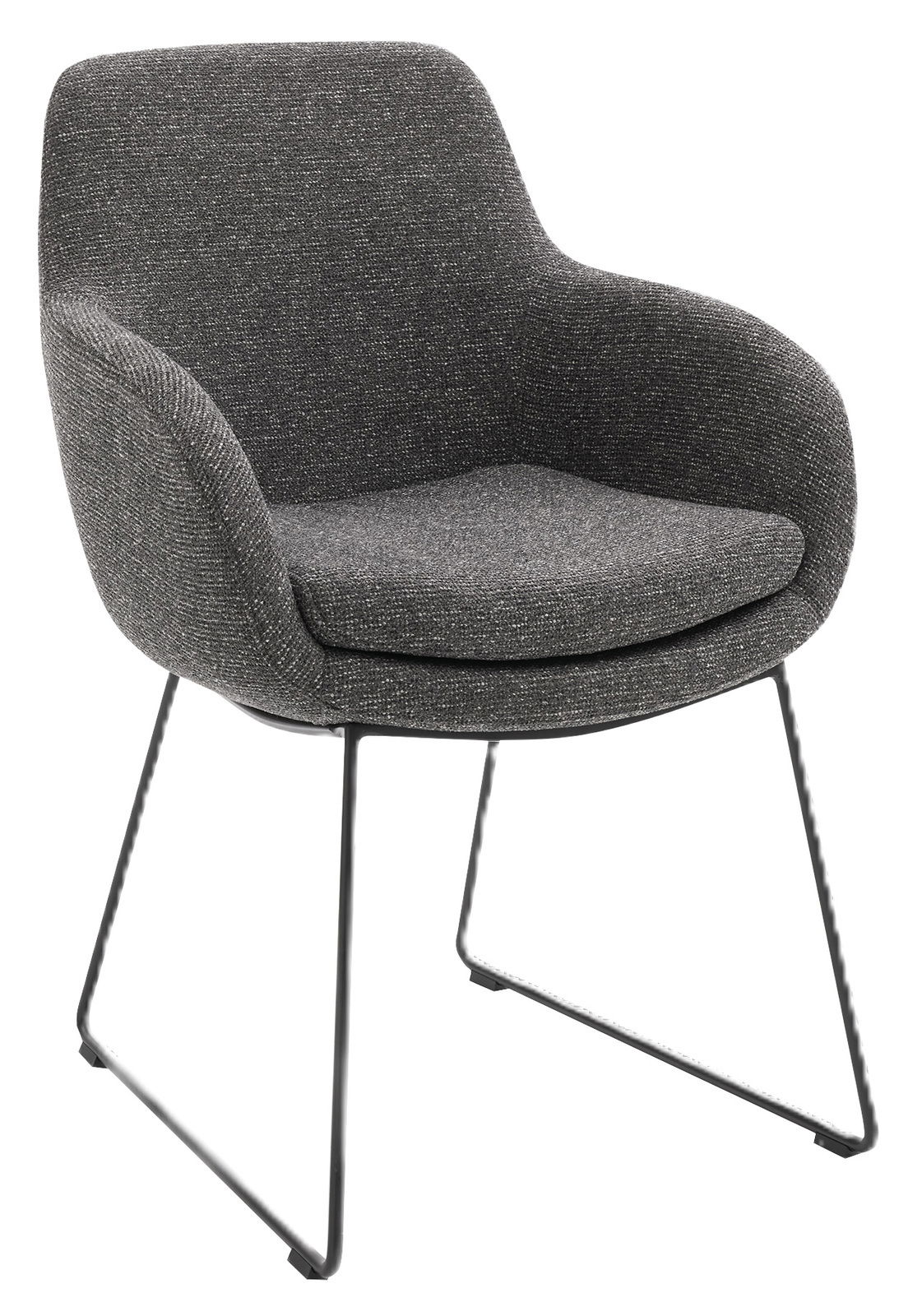 Grauer Armlehnstuhl mit gepolstertem Sitz und Rückenlehne, seitliche Perspektive