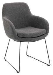 Grauer Armlehnstuhl mit gepolstertem Sitz und Rückenlehne, seitliche Perspektive