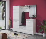 Moderne Garderobenkombination in Weiß mit Spiegel, Sitzbank und Stauraum, seitliche Perspektive