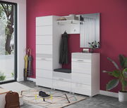 Moderne Garderobenkombination in Weiß mit Spiegel, Sitzbank und Stauraum, seitliche Perspektive