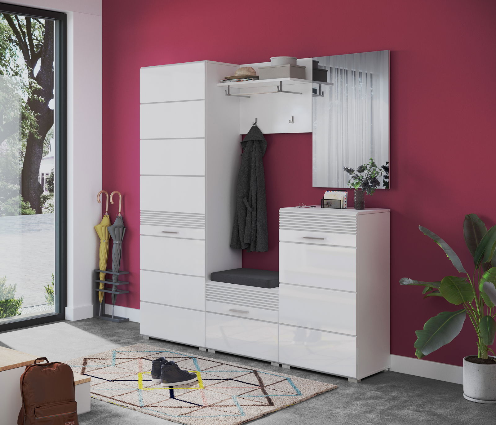 MID.YOU Garderobenschrank LINUS Moderne Garderobenkombination in Weiß mit Spiegel, Sitzbank und Stauraum, seitliche Perspektive