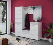 Moderne Garderobenkombination in Weiß mit Spiegel, Sitzbank und Stauraum, seitliche Perspektive