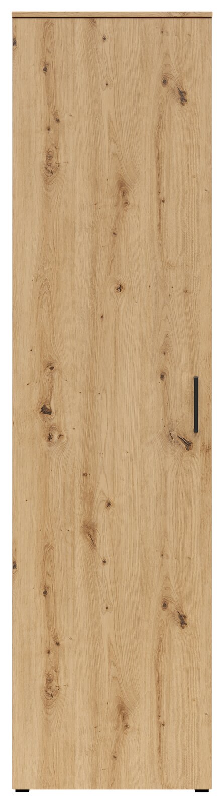 Frontansicht eines Mehrzweckschranks mit Holzmaserung und schwarzem Griff.