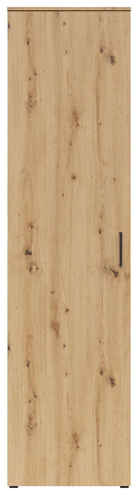 Frontansicht eines Mehrzweckschranks mit Holzmaserung und schwarzem Griff.