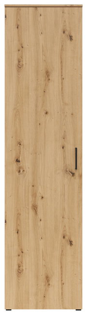 Frontansicht eines Mehrzweckschranks mit Holzmaserung und schwarzem Griff.