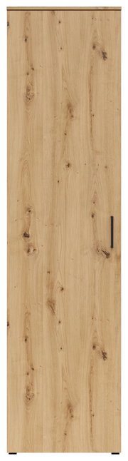 Frontansicht eines Mehrzweckschranks mit Holzmaserung und schwarzem Griff.