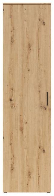 Frontansicht eines Mehrzweckschranks mit Holzmaserung und schwarzem Griff.