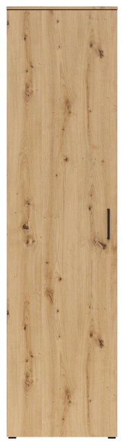 Frontansicht eines Mehrzweckschranks mit Holzmaserung und schwarzem Griff.