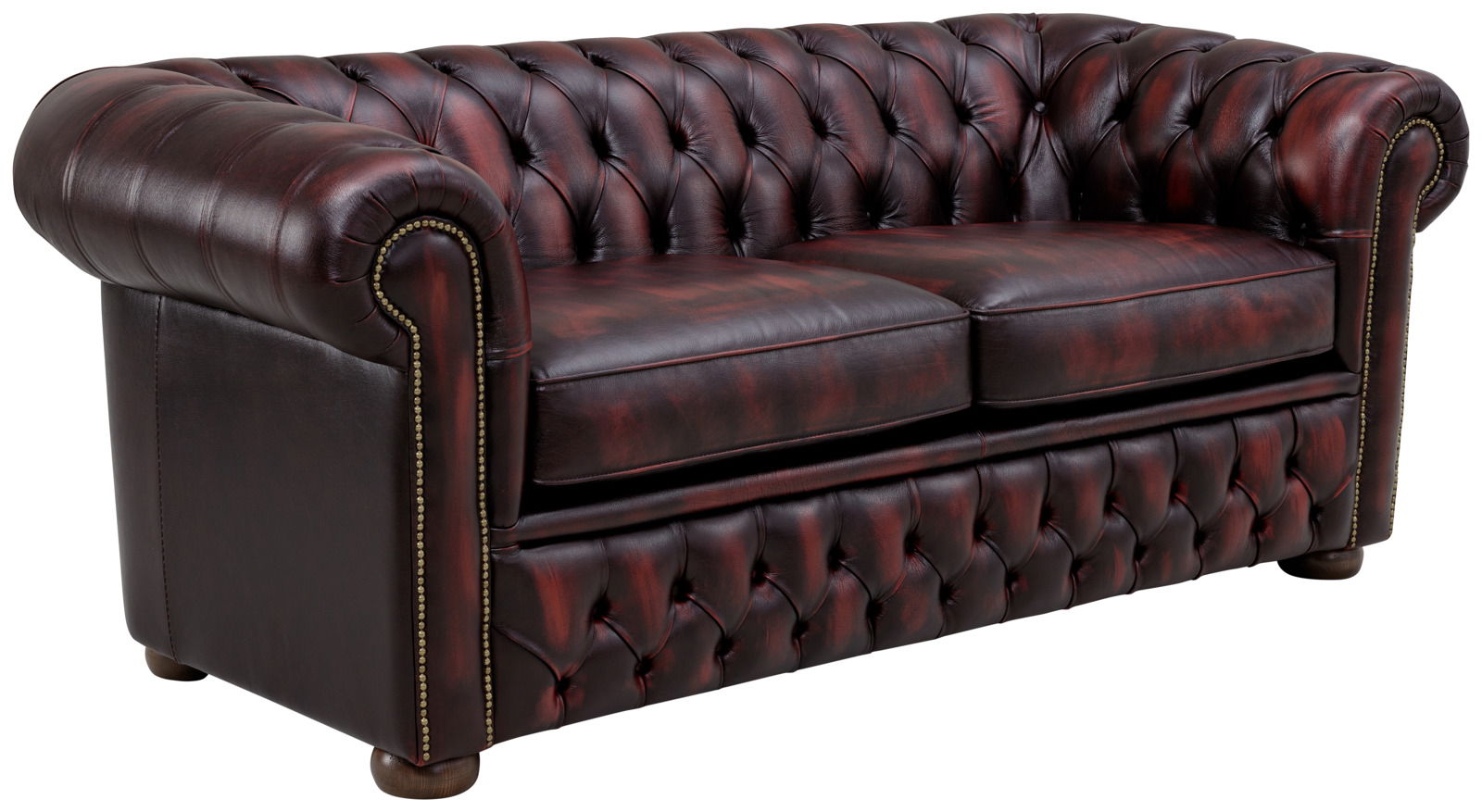 Chesterfield Sofa in dunkelbraunem Leder, seitliche Perspektive