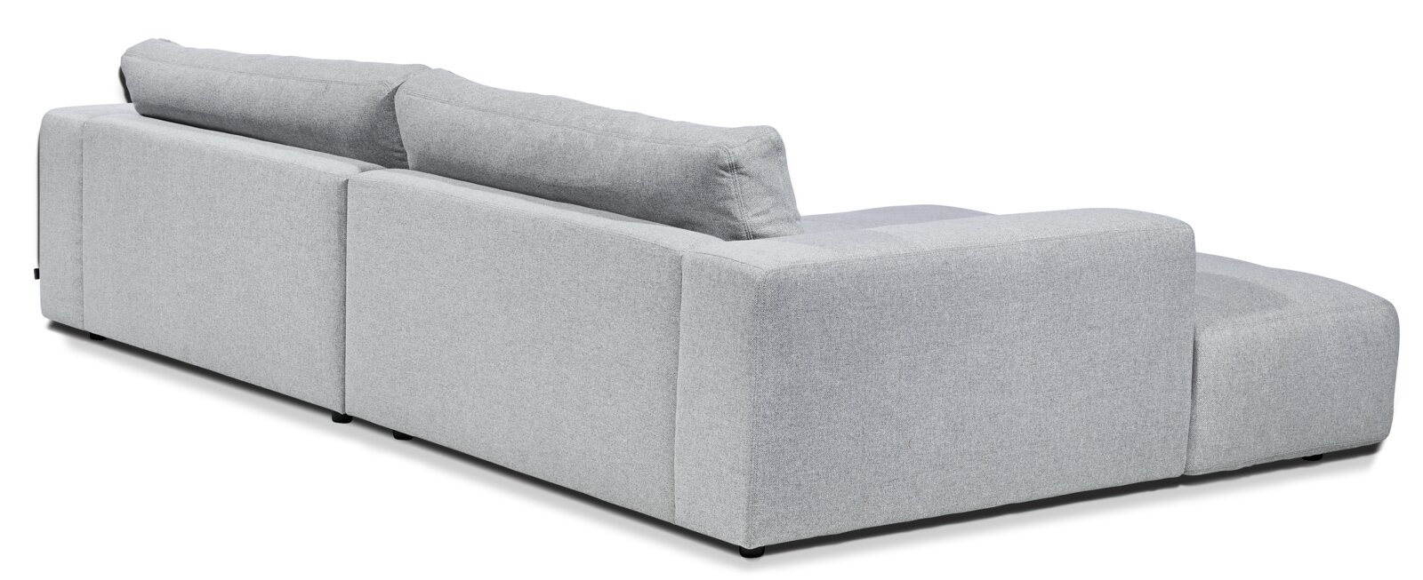 Achterkant van een grijze longchair-set met twee rugkussens.
