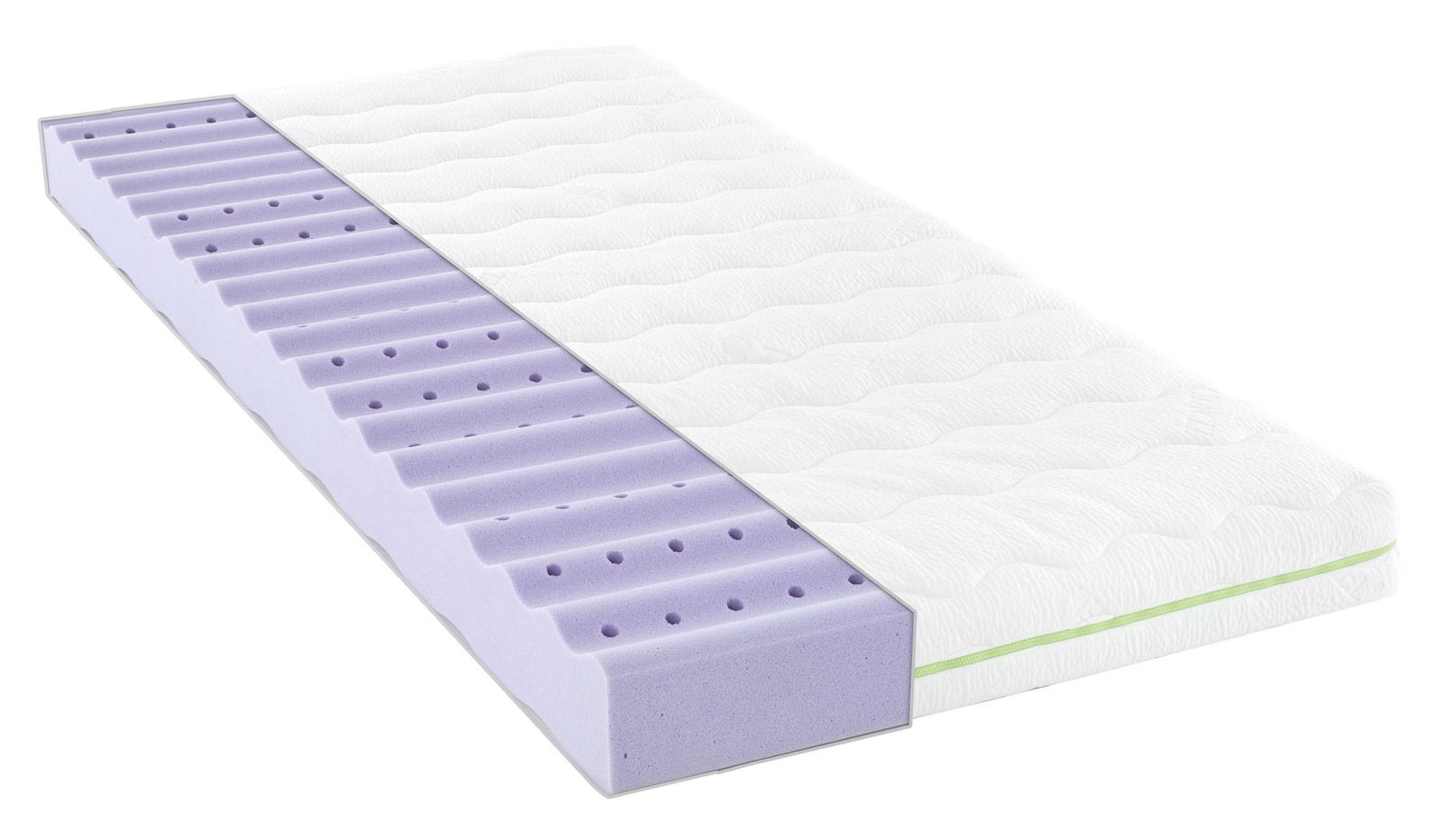 Träumeland Jugendmatratze 90x190 STERNENLAND Querschnitt einer Jugendmatratze 90x190 mit lila Schaumstoffkern und weißem Bezug, perspektivisch von der Seite gezeigt.