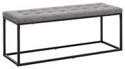 Graue Polsterbank mit Metallrahmen, seitliche Perspektive