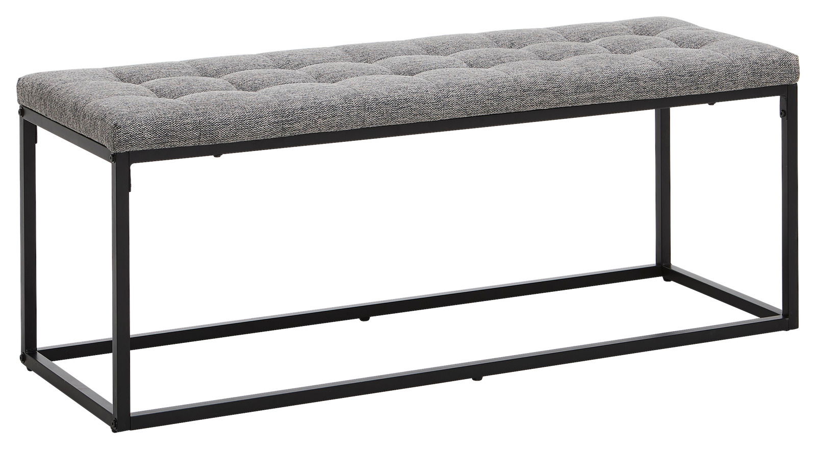 Graue Polsterbank mit Metallrahmen, seitliche Perspektive