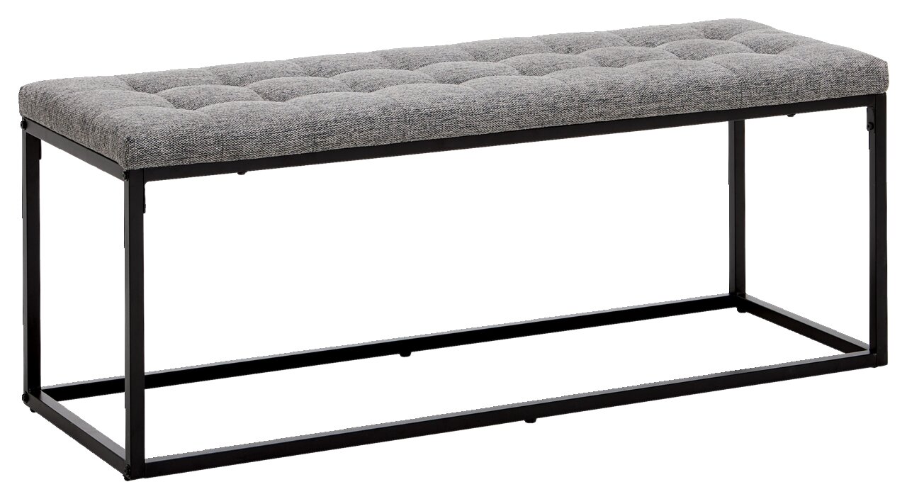 Graue Polsterbank mit Metallrahmen, seitliche Perspektive